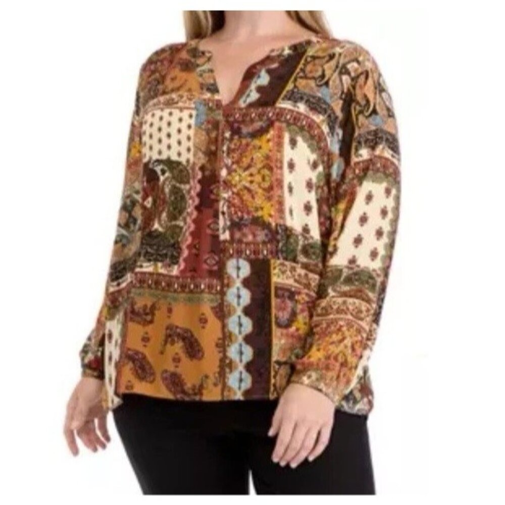 T Tahari Desertland Beige Patchwork Woven Buttoned Tunic Top Sz XL Bishop Sleeve